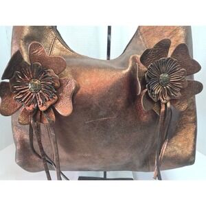 CHI Carlos Falchi Metallic Bronze Leather Hobo Bag W/Flowers Dust Bag 1 CALLOUT